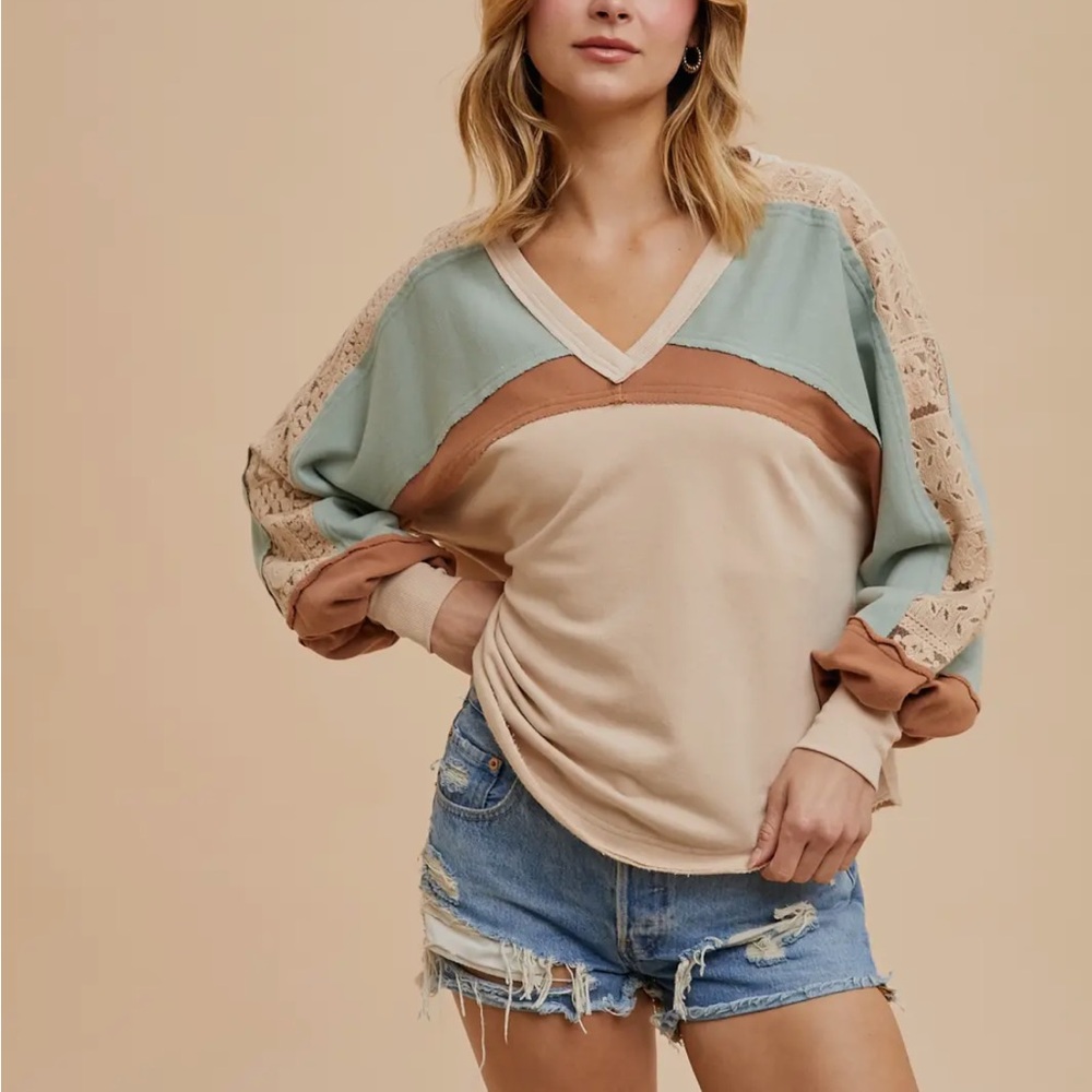 In Loom French Terry Colorblock Lace Top